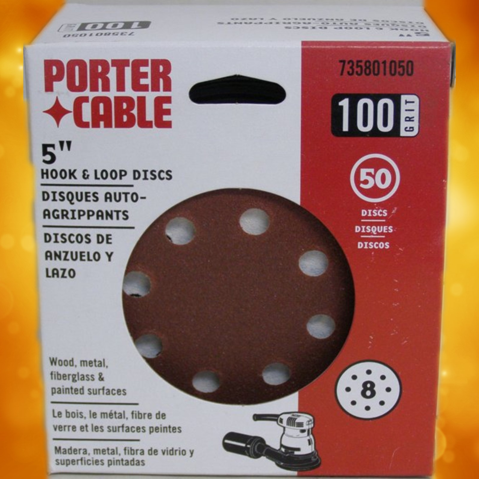735801050 Porter-Cable 5" Eight-Hole, Hook & Loop Sanding Discs - 100 Grit (50 Pack) 735801050