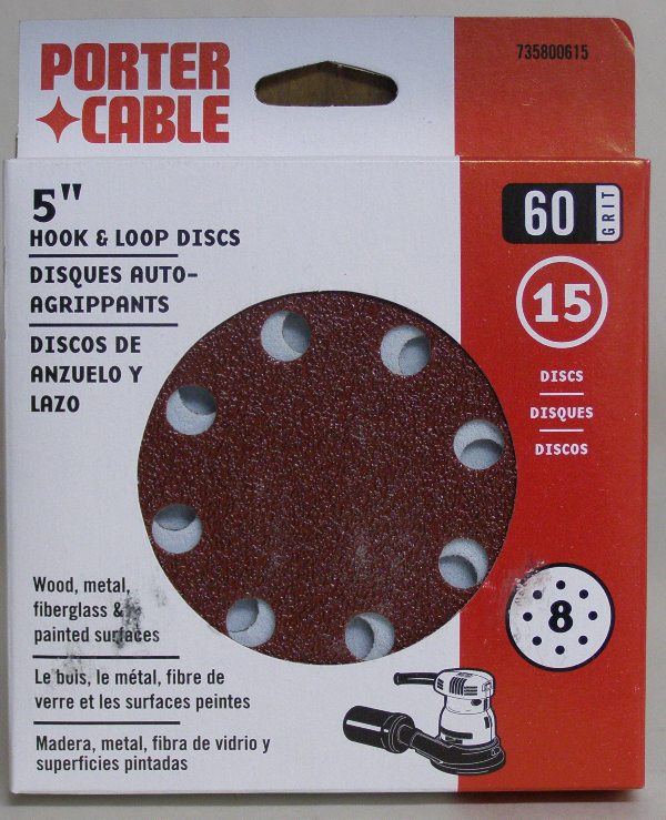 Porter-Cable 5" Eight-Hole, Hook & Loop Sanding Discs - 60 Grit (15 Pack) 735800615